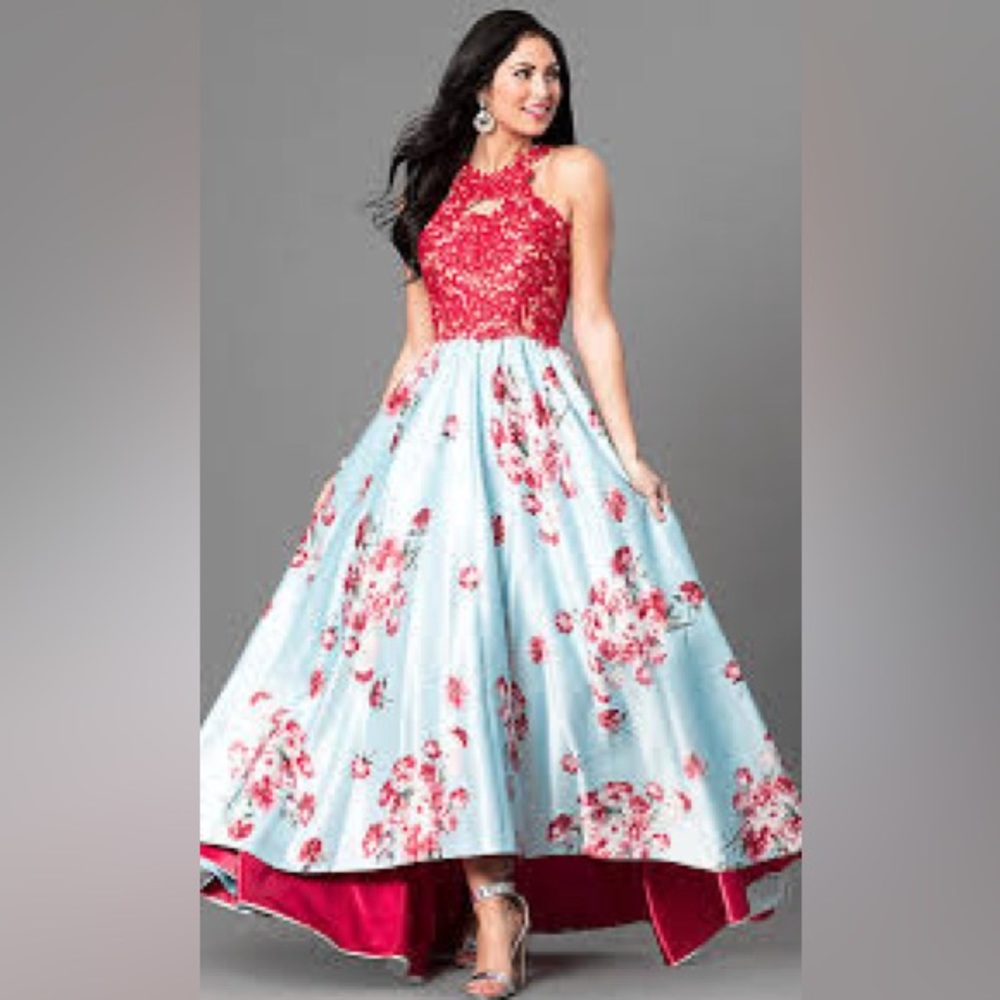 FLORAL BLUE RED MULTICOLORED LACE PROM LONG DRESS (size 4)